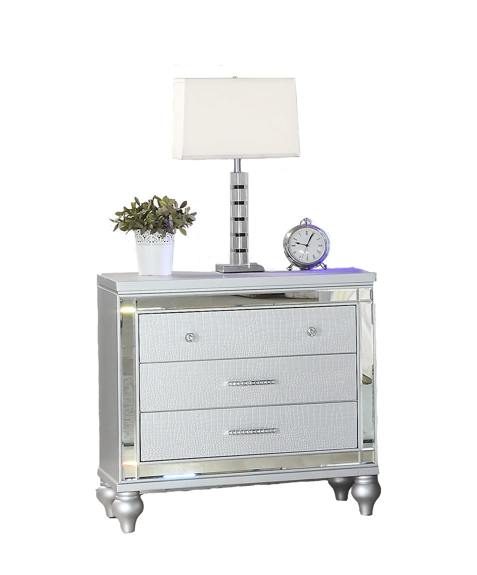 Blovely Well Modern Style Mirror Framed 3-Drawer Nightstand Made with Wood in Silver