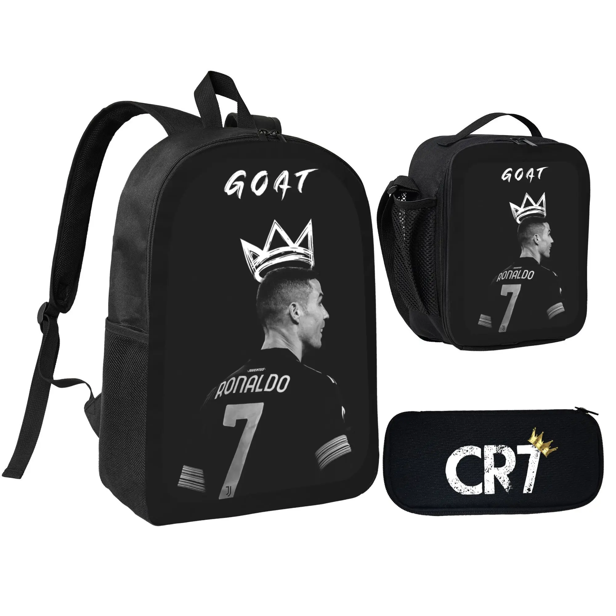CR7 Backpack 3PCS Cartoon School Bag for Elementary Middle School Students 17inch Kawaii Book Bag with Lunch Bag Pencil Case