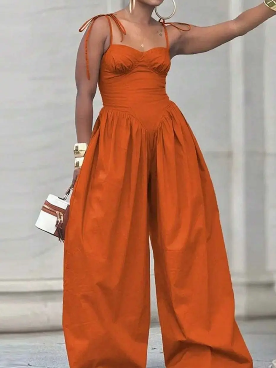 Olive Green Wide-Leg Jumpsuit, Spaghetti Strap Ruched Bodice Romper, Trendy Dramatic Streetwear