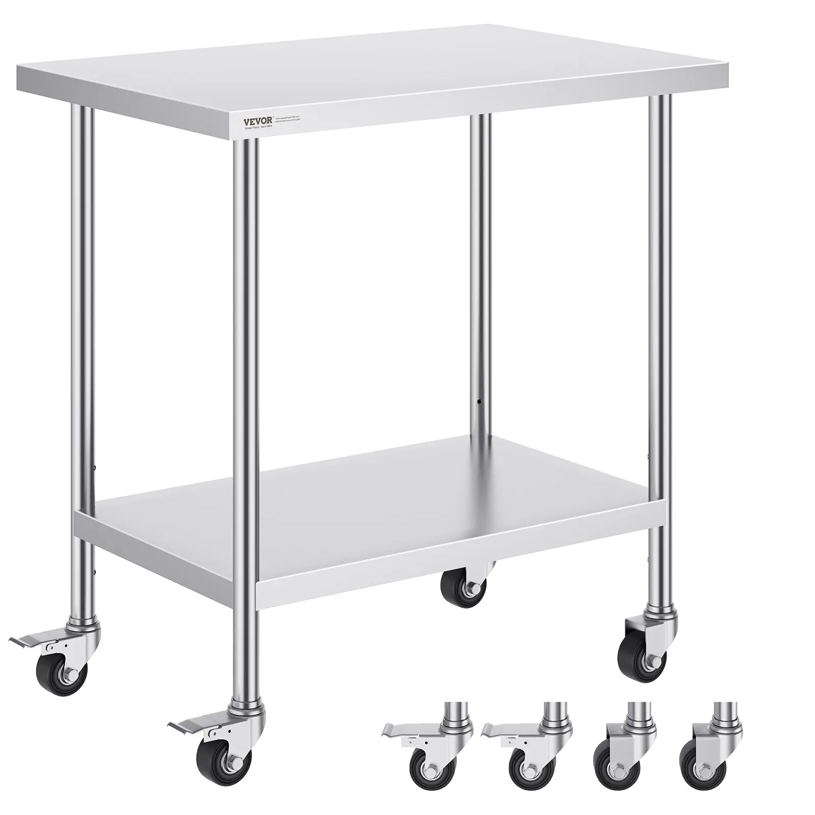 VEVOR NSF Certified Sturdy Rust-Resistant Stainless Steel Work Table - 24x36x38in Smooth Surface, 4 Wheels, 3 Adjustable Height Levels, Adjustable Standing Shelf, Wipe-Easy Organizer Rack for Commercial Kitchen, School Activities, Adjustable Garage Shelf,