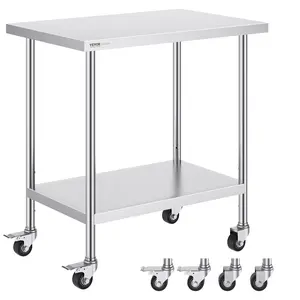 VEVOR Stainless Steel Work Table 24 x 36 x 38 Inch,  with 4 Wheels, 3 Adjustable Height Levels, Heavy Duty Food Prep Worktable for Commercial Kitchen Restaurant, Silver