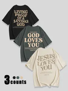 Women's Jesus Loves You Letter Print Round Neck Tee, Casual Chic Minimalist Loose Fitted Short Sleeve Crew Neck T-shirt for Daily Wear, Ladies Clothes for All Seasons, Top, Tshirt, Casual Everyday Top