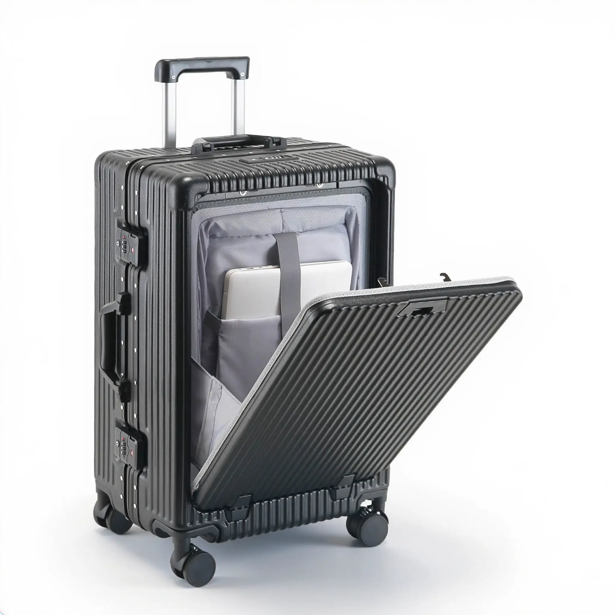 20/24-Inch Front-Opening Wheeled Carry Bag for Business Travel, Zipperless PC+ABS Hardside Buckle Suitcase with Built-In Organizer, Laptop Compartment, Multi-Function USB Charging Port, Cup Holder, Phone Holder, Hook, TSA Lock & 360° Silent Spinner Wheels