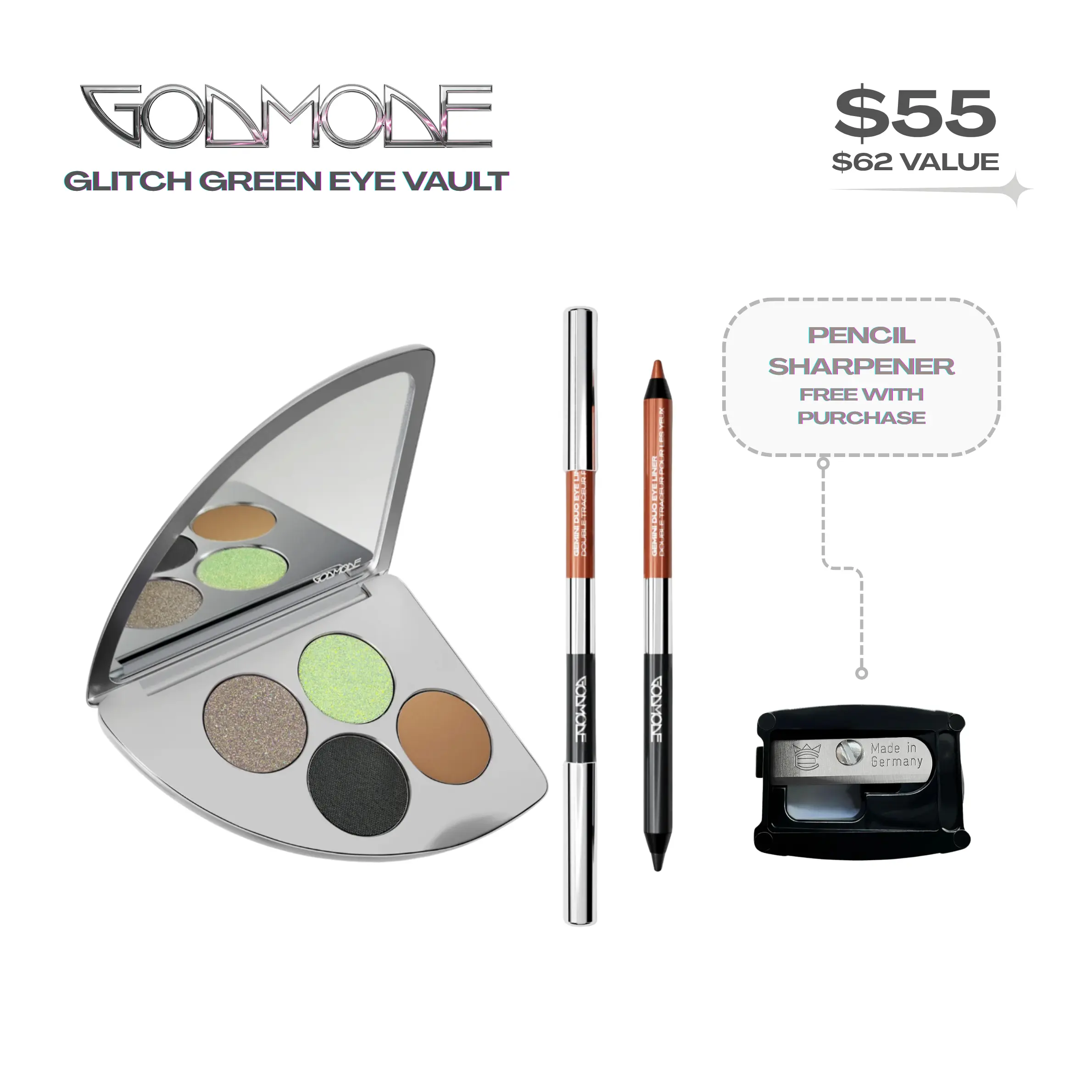 GODMODE Blade Green Ultimate Eye Combo  Cosmetic Set - Shimmer Eyeshadow Palette, Metallic Eyeshadows, Matte Shadows Palette, Dual-Ended Color Eyeliner with 24hr Wear & Precision Lines Makeup