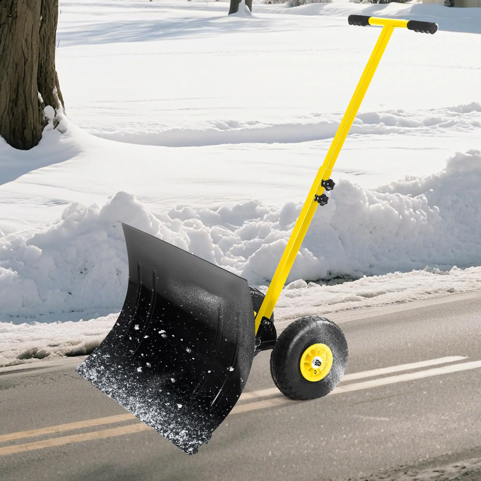 GARVEE 29.1 Wx 19.3 H Snow Shovel with Wheels,Heavy Duty Push Snow Plow for Driveway,Ergonomic Snow Pusher Shovel with Snow Removal Adjustable Angle & Height Handle for Pavement,Black+Yellow