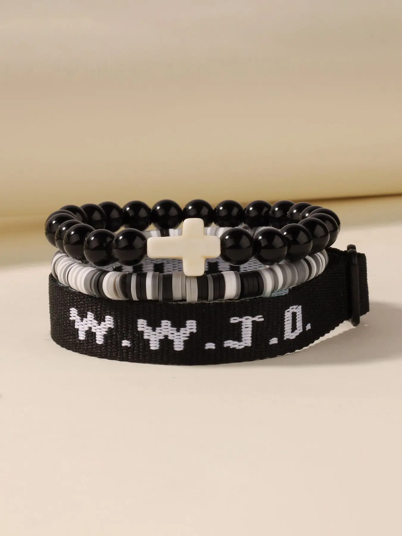Christian Cross Wwjd Bracelet Set, Stackable Bracelets, Stackable Beaded Bracelet, Woven Cord Bracelets, Crystal Bead Elastic Bracelets, Handmade Religious Jewelry