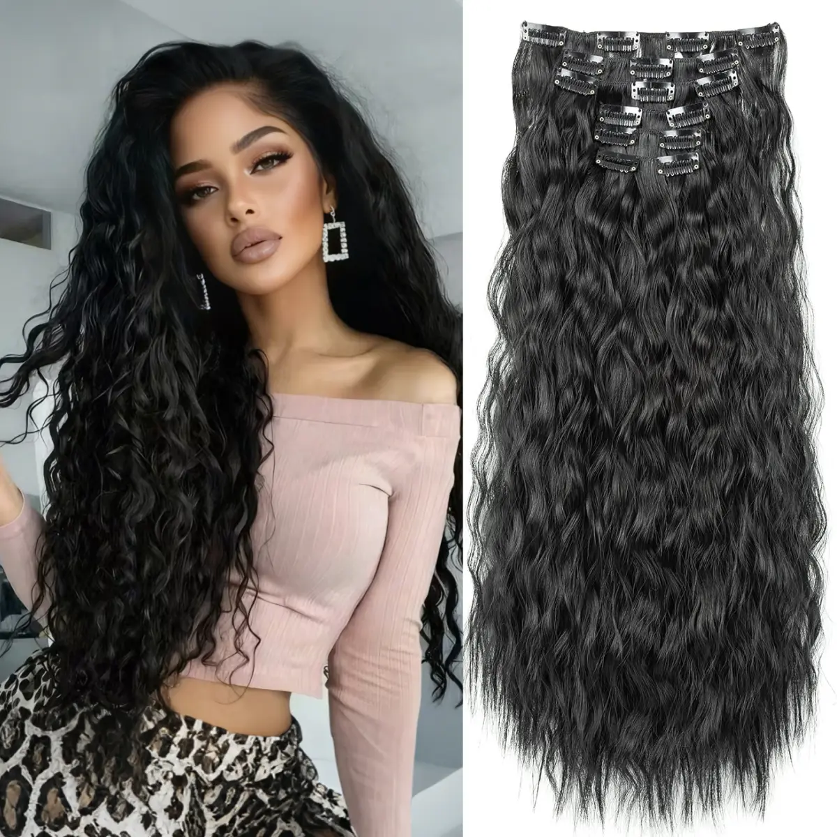 6PCS Clip in Hair Extensions 24inch Synthetic Long Curly Wavy Hair Pieces Hair Extensions for Women Invisible Seamless Thick Deep Wave Hairpieces enhances volume