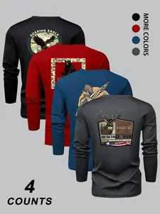 Men's Fashion Camo Animal Print Long Sleeve Round Neck T-Shirt Set, Athletic Fit, Unique Graphics, Comfortable Stretch Fabric, Perfect for Spring & Fall Sports Outdoor Activities