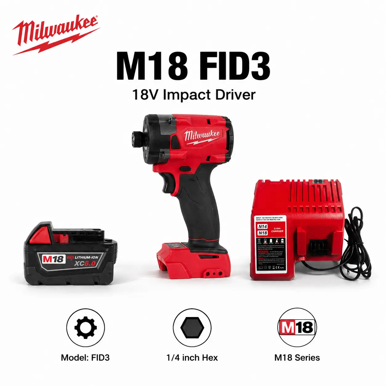Milwaukee FID3 1/4 Inch Cordless Impact Driver with Battery M18 XC6.0 for Timber Framing Construction, Handheld Power Fastening Tool Features a 4-Mode Drive Control System Designed for Rapid Deck Screw Driving electric diy
