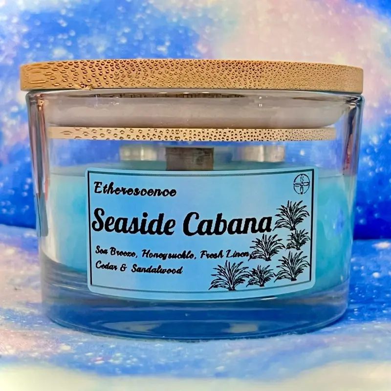 Handmade Candle Seaside Cabana Scented Beeswax with Wooden Wick in Glass Container for Relaxing Decor Experience - Fresh Ocean Aroma Scent