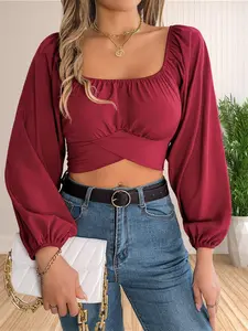 Women's Plain Tie Back Fitted Crop Blouse, Casual Bishop Sleeve Long Sleeve Square Neck Top for Spring & Fall, Women's Clothing for Daily Wear Womenswear
