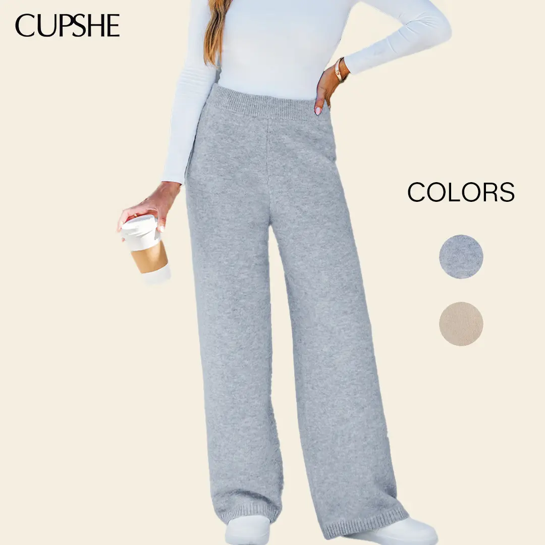 CUPSHE Women's Hushed Tones Loose-Fitting Knit Pants Casual Comfy Baggy Bottoms, Knit Material, TikTokShop Spring Glow Up Womenswear, Basic, Baggy Pants, Soft Stretch, Polyester Wool, Hand Wash Care, Homey Lounge Fit, Loose‑Leg Fr