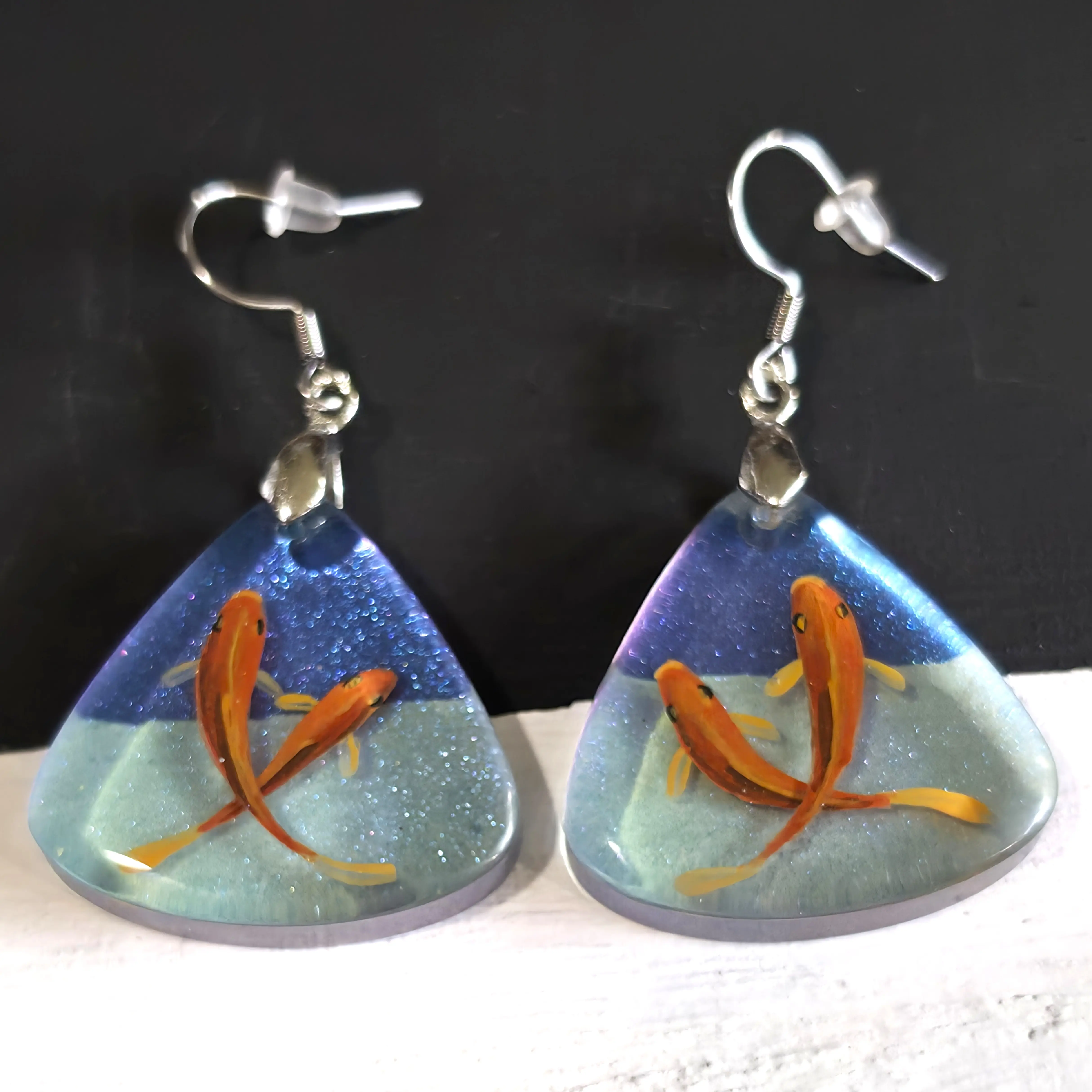 Earrings Resin Painted Koi Fish Blue Glitter Lightweight Surgical Stainless-Steel Hook Handmade Orange