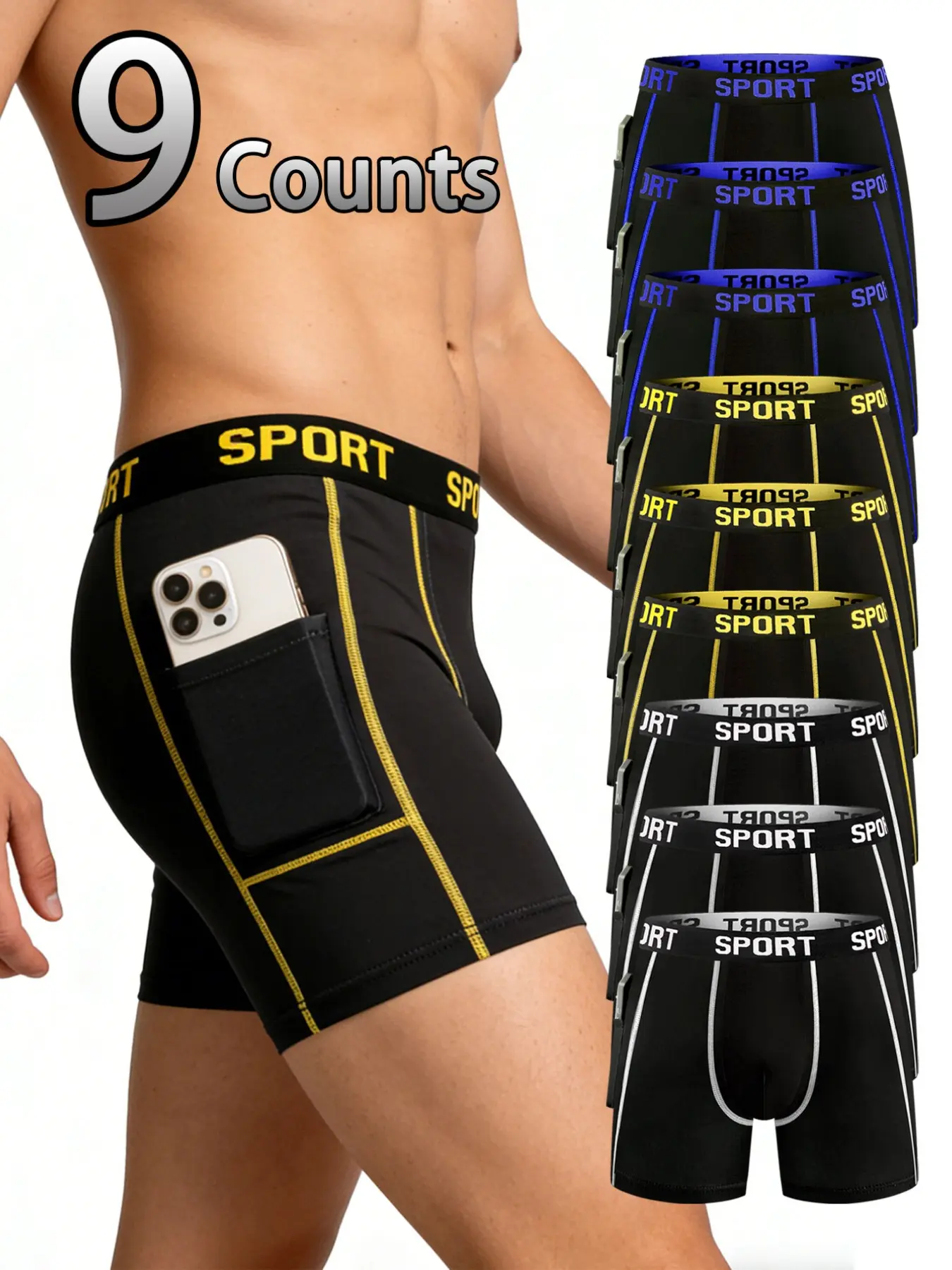 9-Pack Men's Sport Briefs with Phone Pockets, Running Fitness Wear, Comfortable Athletic Underwear, Ideal for Gym and Outdoor Activities