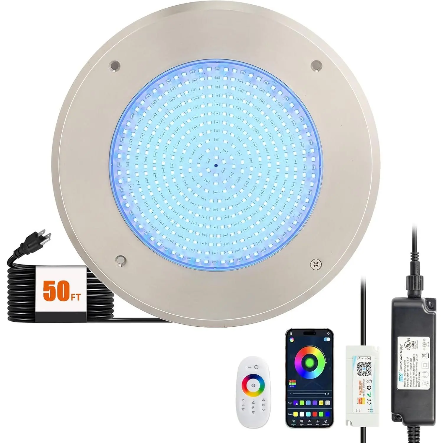 10in LED Swimming Pool Light 54W 120V RGBW Color with 3 Control Way (App/Remote/Manual Controller) for Inground Pools,IP68 Waterproof,50 FT Cord Summervibes