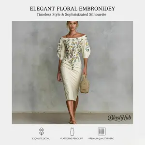 Women's Elegant Off Shoulder Midi Dress, 3/4 Sleeve Floral Embroidery Bodycon Pencil Dress with Slit, Party Cocktail Gown 2026