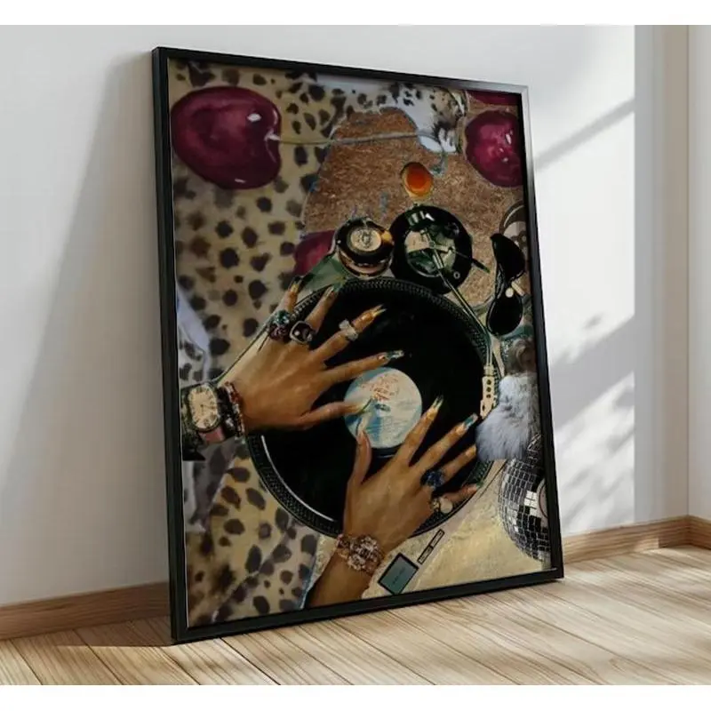 Black Girl Wall Poster, Frameless Poster Fashion Girl Poster, Leopard Poster, Vintage Music Record Player Print printable wall art.cover art poster Decor Water Proof Artistic Decoration Items