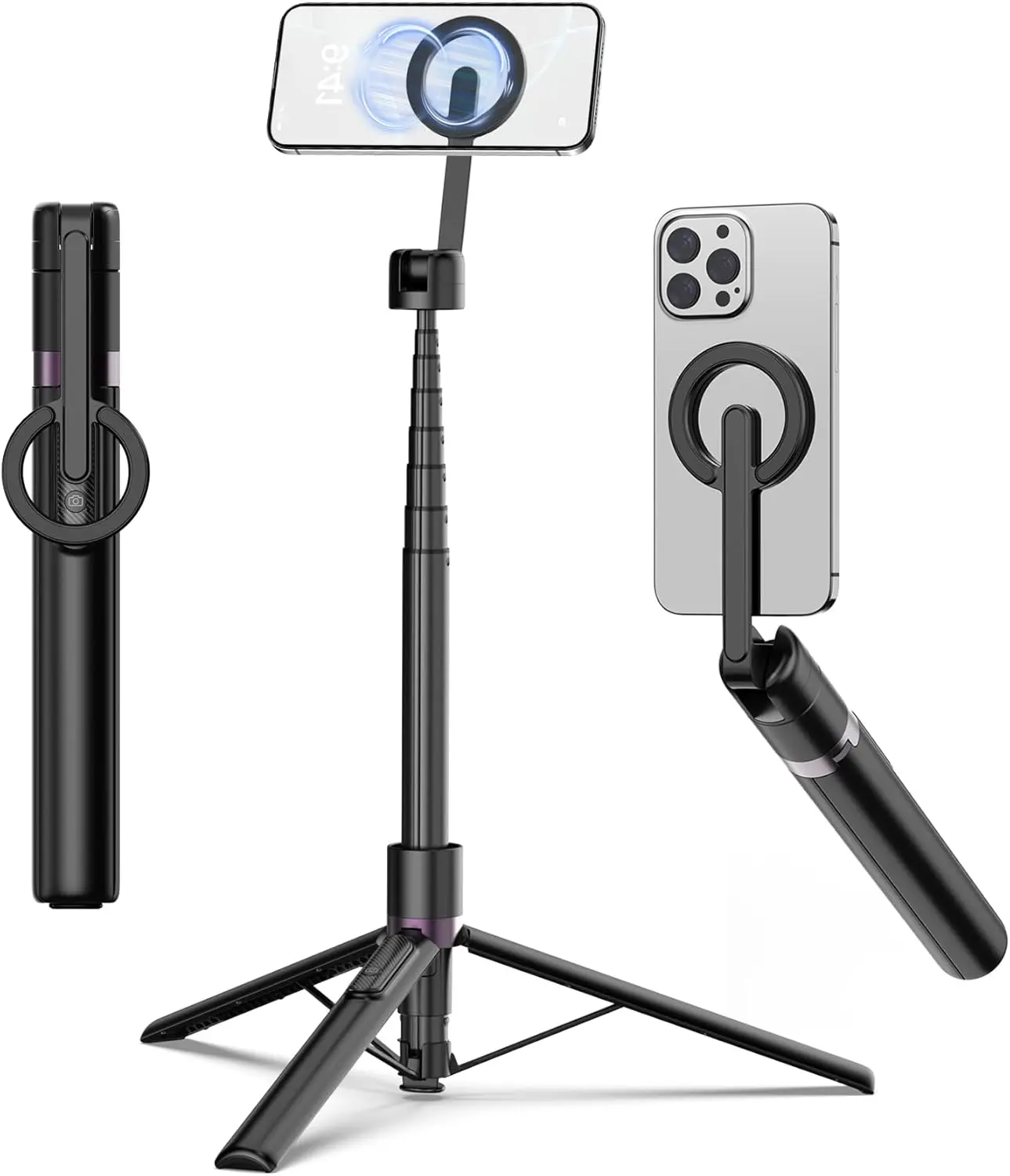 68 Magnetic Phone Tripod & Selfie Stick Aluminum 360° Rotating Stand with Rechargeable Remote Foldable Travel Tripod for iPhone & Android MagSafe Compatible Black
