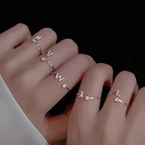 Silver Initial Letter Open Ring Set, Dainty CZ Adjustable Stackable Rings for Women