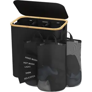 Laundry Hamper with Lid, 160L Dirty Clothes Hamper for Laundry Basket 3 Section,  Laundry Sorter Hamper 3 Compartment with Removable Inner Bags & Labels, Black