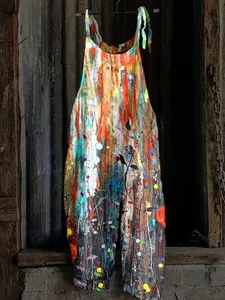 Fashion Colorful Abstract Paint Splatter Sleeveless Jumpsuit Plus Size Casual Drawstring Strap Loose Fit Romper, Y2K Clothes Summer Vacation Outfits, Comfortable Relaxed Fit Casual Jumpsuits, Stylish Pattern Detail Party Casual Wear