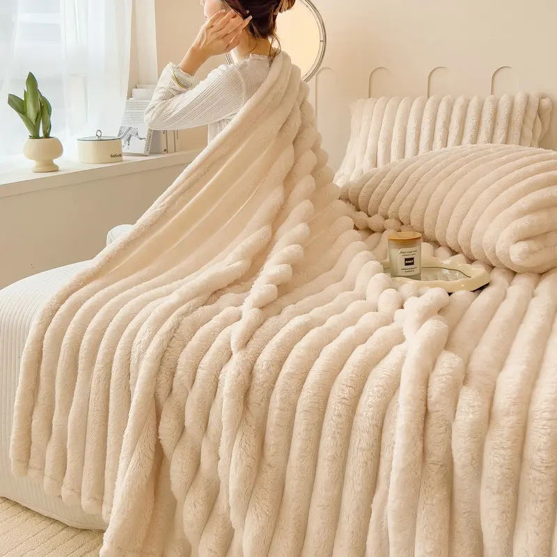 Comfortable Ultra-Soft Thick Pure Color Microfiber Blanket, Soft Cozy Blanket, 260g Heavyweight, Classic Striped Design, Warm Comfort, Durable, Pet Wrap, Christmas Gift