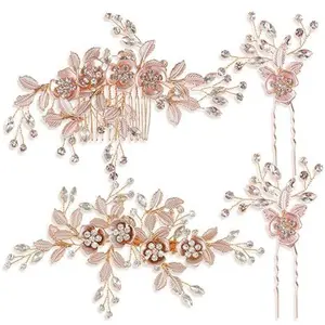 4 Pieces Bridal Rose Gold Hair Accessories for Brides and Bridesmaids Rhinestone Hair Pins Crystal Flower Barrette Wedding Combs with Leaves