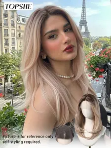 13×6 Balayage Pink Gold Mid-Long Layered Wig, 18 Inches, with Natural Dark Roots, Heat-Resistant Synthetic Lace Front Wig for Women, Natural and Realistic for Daily Wear, Natural Looking Wig