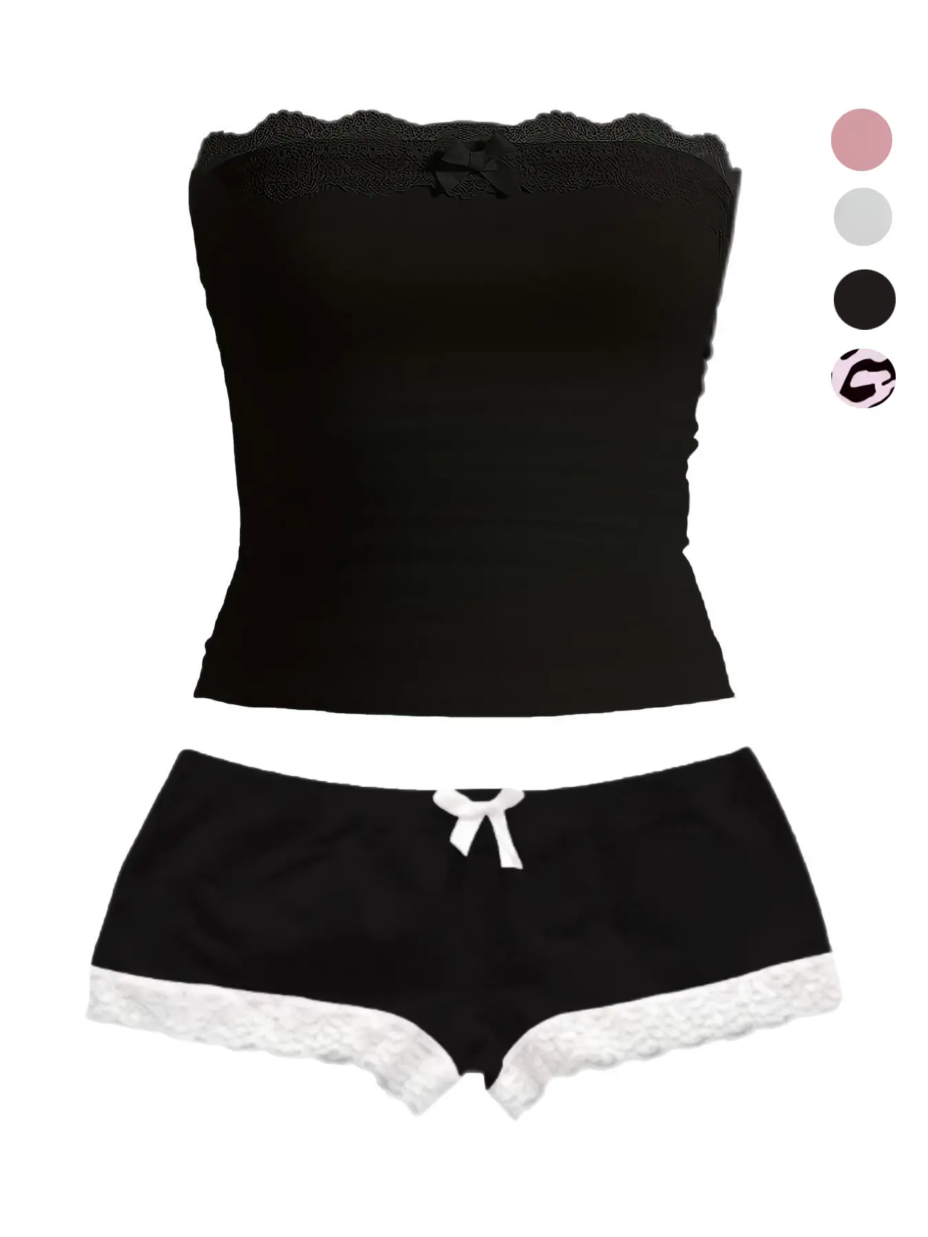 Women's Lace Crop Top Shorts Set with Bow Decor, Y2K Style, Feminine, Fashion, Slim-Fitting, Plain Colorblock Design, Short Length, Perfect for Casual Wear, Womenswear, Clothes