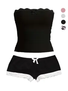 Women's Lace Crop Top Shorts Set with Bow Decor, Y2K Style, Slim-Fitting, Plain Colorblock Design, Short Length, Perfect for Casual Wear, Womenswear