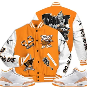 3 White Orange Peel Varsity Jacket, Orange Citrus 3s Outfit, Trust No One Drip Shirts To Match Sneaker Streetwear