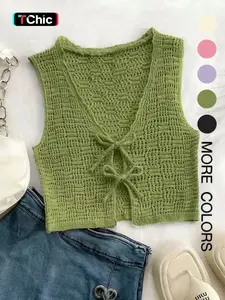 Women's Solid Color Tie Front Sweater Vest, Casual Sleeveless Knit Top for Summer, Fashion Women's Knitwear for Daily Wear, Womenswear, Casual Sleeveless Outerwear, Knit Vest Tops