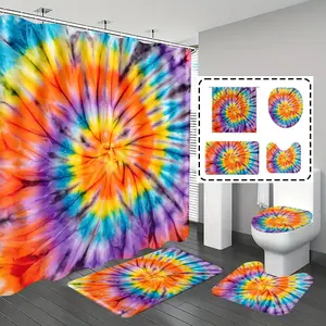 1pc/4pcs, bathroom curtains shower, bathroom set, shower curtain sets, bathroom decor, Modern Bathroom Decor, bathroom rug, bathroom mat, colorful tie-dye patterns, abstract theme decoration, with 12 hooks