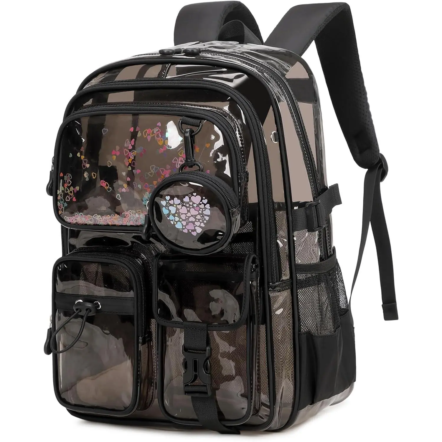 Clear Backpacks for Stadium Events Heavy Duty Clear Bookbag for School Girls Transparent  Pack, Black Semitransparent