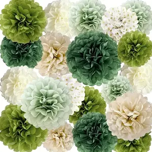 Sage Green Mint 17-Piece Multi-Size Smooth Pom Pom Set - Boho Backdrop, Soft Neutral Aesthetic Tissue Ornaments for Wedding, Wall Photo Decor,summervibes outdoorfun