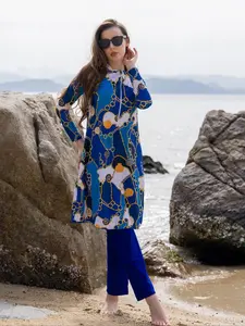 Women's All Over Print Long Sleeve Top & Pants Islamic Swimsuit Set, Casual Fashion Two-piece Swimwear Set for Beach Holiday Vacation, Ladies Swimsuit Modest Swimming Wear for All Seasons Islamic Swimming Suit