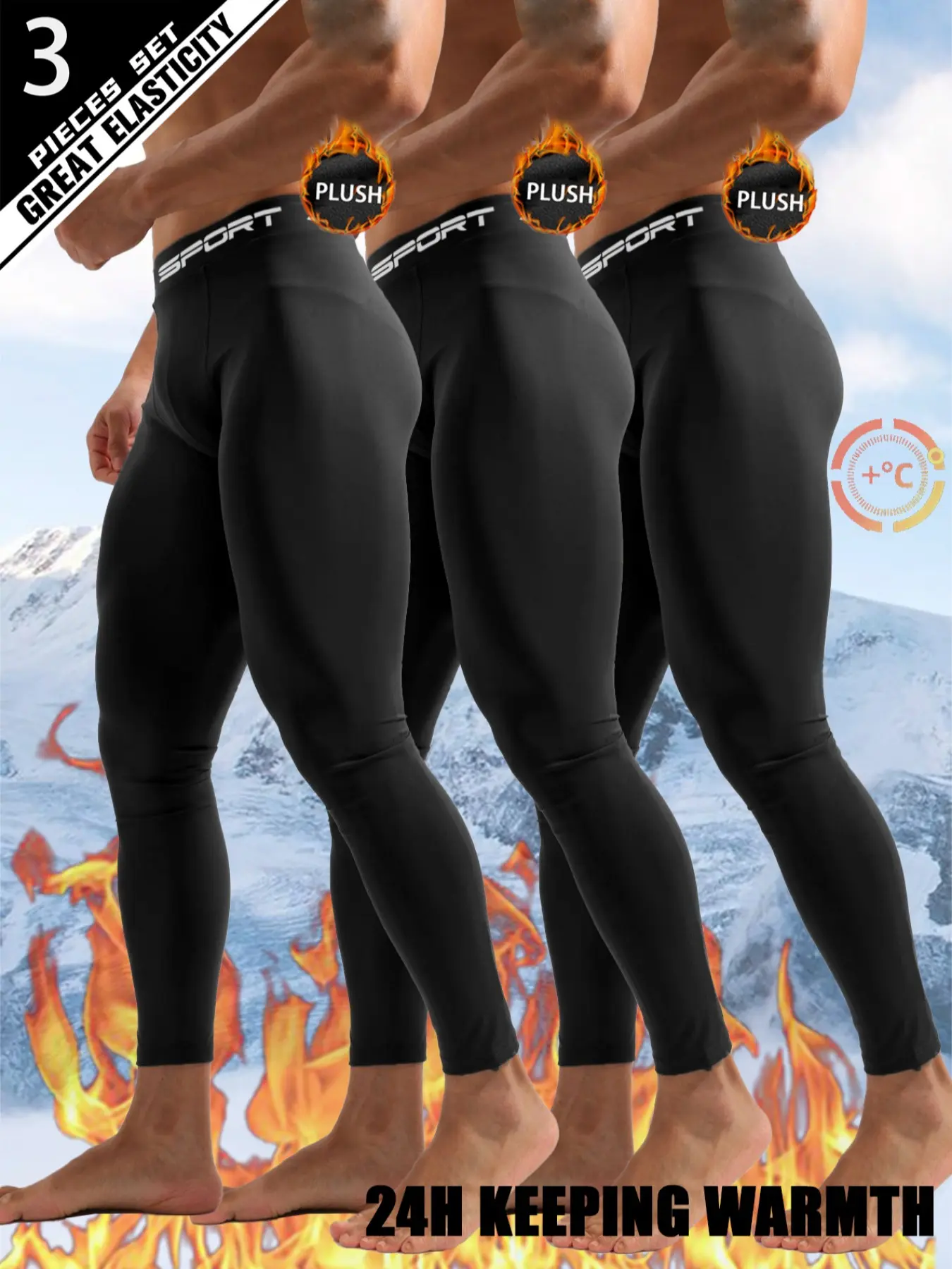 3PCS Men's Winter Thermal Leggings Set – Soft Plush Fleece Athletic Thermal Lined Sportswear Activewear Compression Pants, Compression Garment, Elastic Slim Fit Design, Ideal for Outdoor Running, Gym, Hiking, Skiing