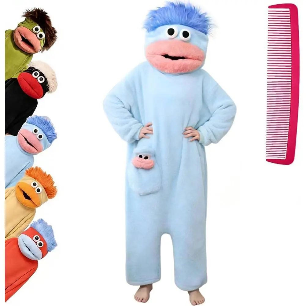 Funny Big Mouth Monster Hooded Onesie Pajama Set - Baggy, Loose-Fitting Oversized Plush Fleece Pull-On Long Sleeve Nightwear with Large Comb, Spooky Hooded Face Plain Clothing, Home & Party Supplies Accessory
