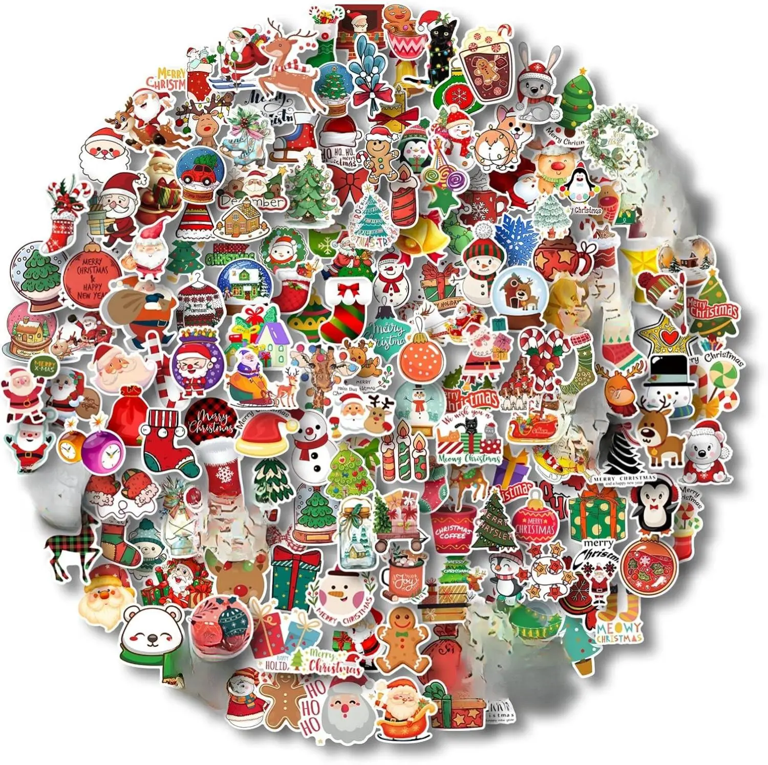 200 Pcs 2-3 Inches Cute Waterproof Cartoon Christmas Adhesive Vinyl Decals - DIY Sticker, Scrapbook Materials for Water Bottles, Christmas Tree, Socks, Hat, Kids’ Holiday Gifts