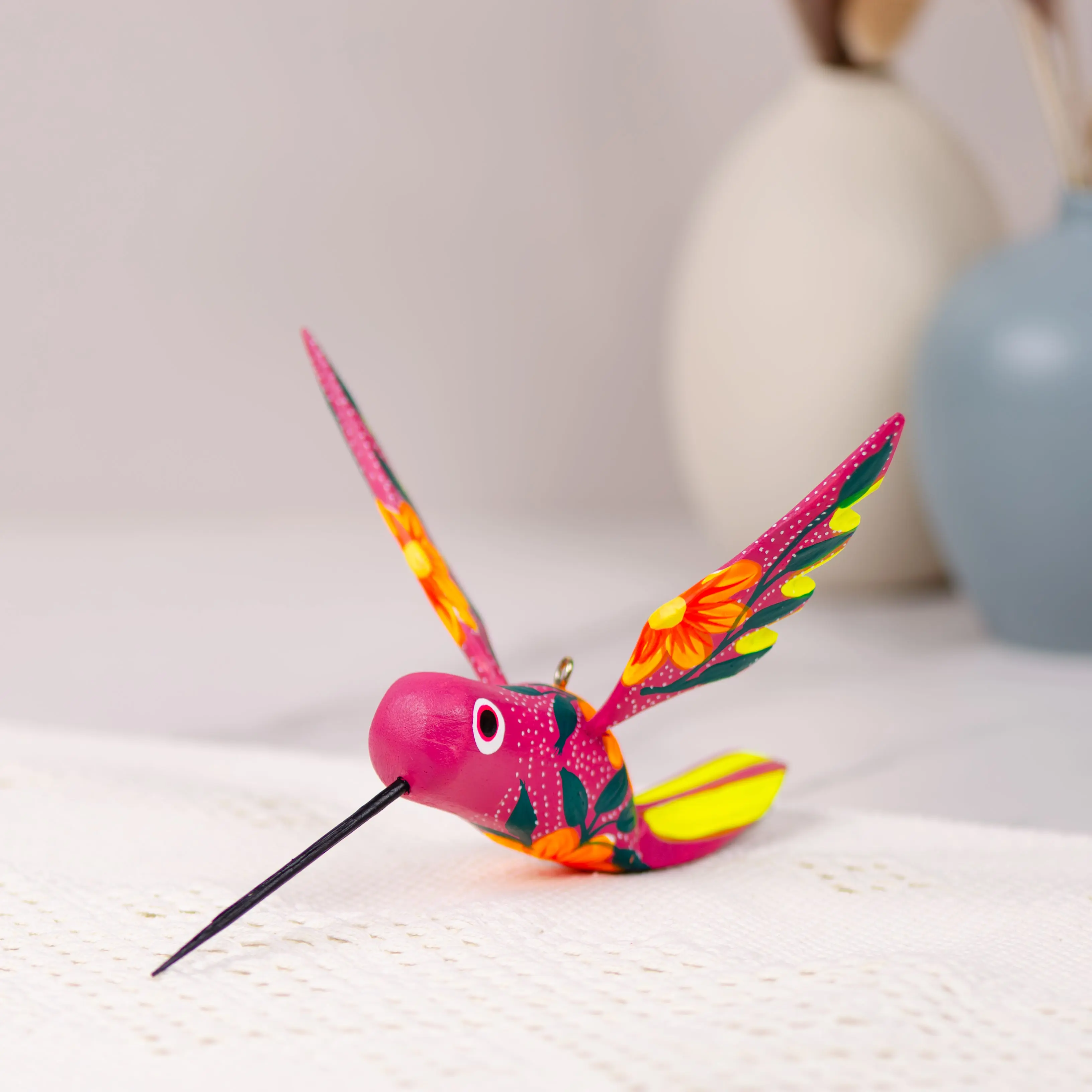 Large Hand-Painted Bright Hummingbird Wooden Figurine Artwork - 3" Peak, 3" Long, 4" Tall, Flower-Accented Home Decor Ornament for Shelf, Tabletop Display