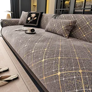 1 PC Bohemian Casual Sofa Cover, Chenille Sofa Slipcover with Gold Foil Print & Geometric Pattern - Non-Slip, Scratch-Resistant, Pet-Friendly Universal Sofa Protector for 1/2/3/4-Seater Sofas, All-Season Machine Washable Living Room Cover