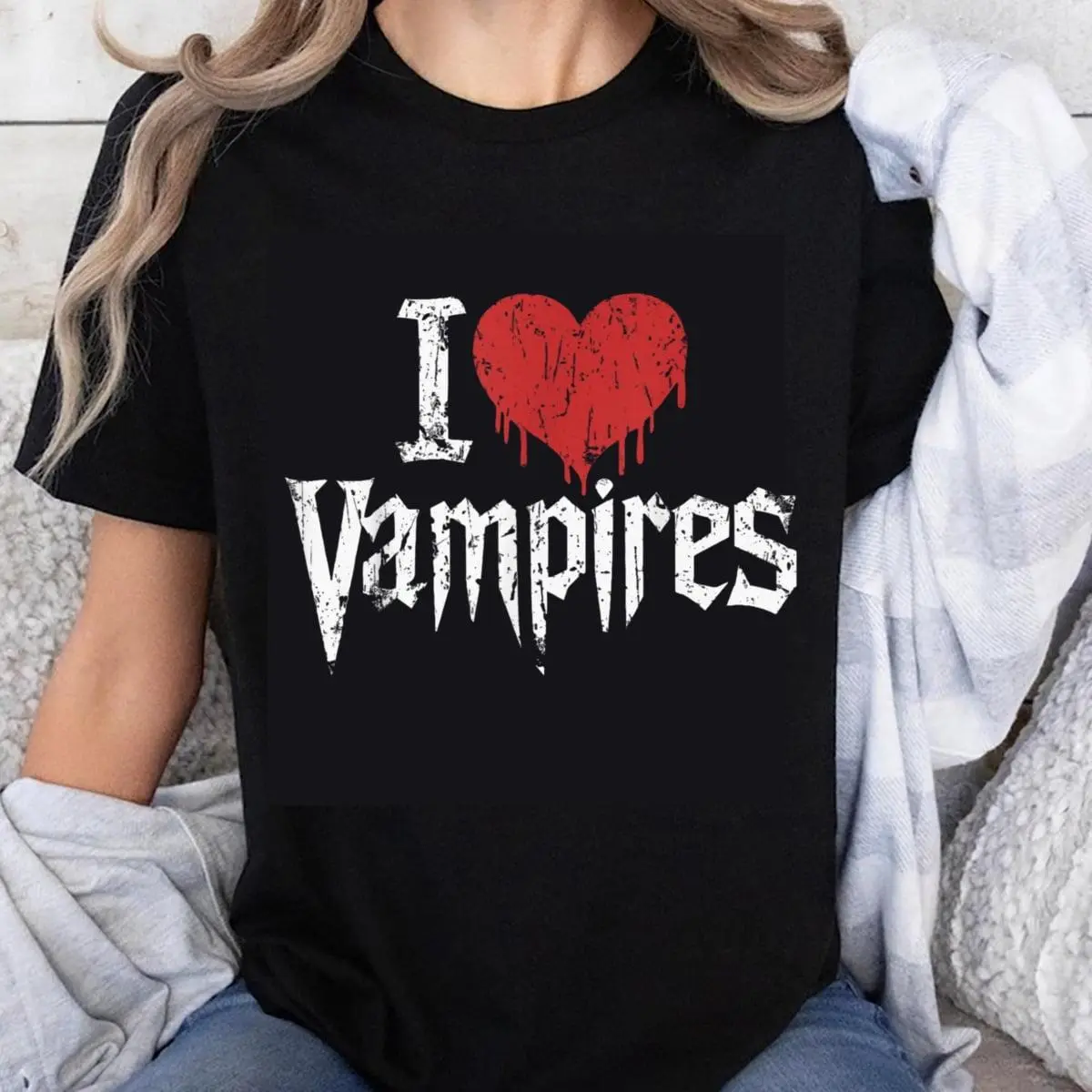 100% Cotton I Love Vampires T-Shirt Halloween Horror Gothic Blood Heart Design Women Men Unisex Tee Shirt