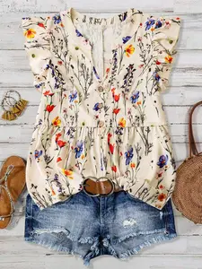 Women's Plus Size Feminine Floral Print Peplum Top Blouse V-Neck Flutter Sleeve Babydoll Shirts Button Up Flowy Casual Summer Vacation Boho Bohemian Cottagecore Outfits Spring