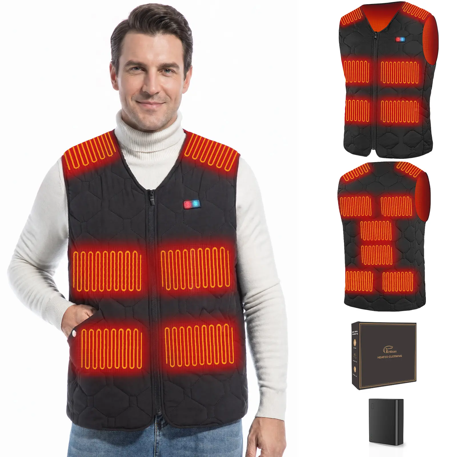 Rrtizan Heated Vest for Men & Women - Lightweight with Battery Pack, 3 Settings, 12 Zones, Boosts Blood Circulation, Ideal for Winter Outdoor Hunting, Skiing, Fishing, Hiking, Motorcycles, Gift for Friends, 0086-Black