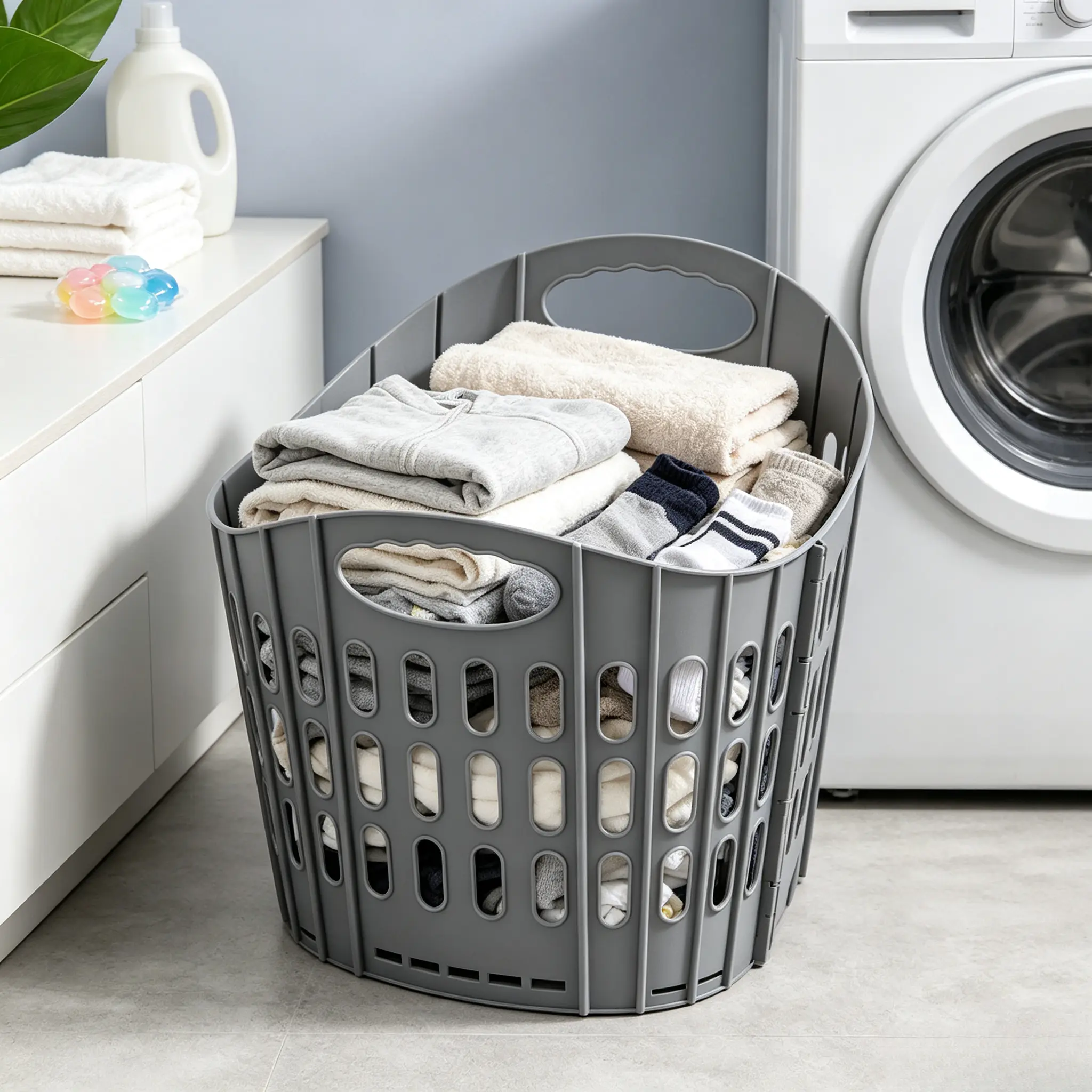 Ventilated foldable laundry basket with dual handles, a collapsible laundry storage bin suitable for bathroom use and for placing alongside the washing machine.