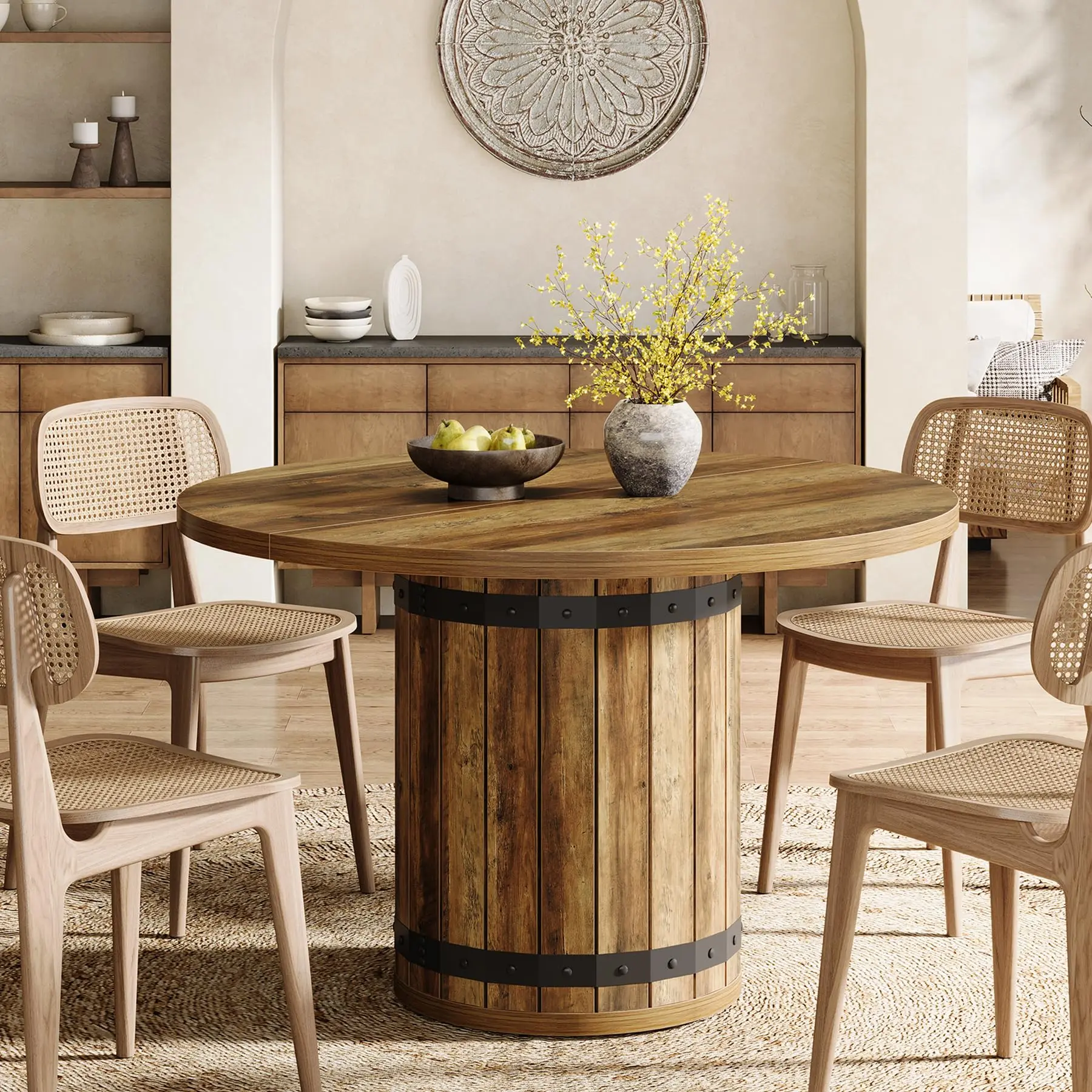 Tribesigns Round Dining Table for 4 with Fence Pedestal, Farmhouse Style for Kitchen or Living Room, 39.37-Inch