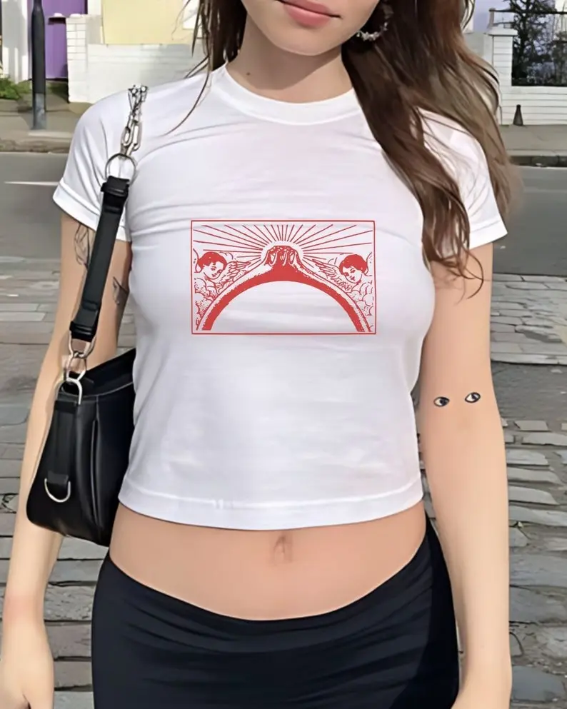 Vintage Cherub Crop Top, Retro Cupid, Angel Core Aesthetic, Coquette Clothing, 90s Top, Grunge Pinterest, Crop Top Y2k, Cute Red Graphic Top