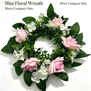 Spring Wreaths for Front Door Outside – 11.81" Artificial Pink Rose & Hydrangea Floral Spring Wreath with Green Eucalyptus Leaves and Welcome Sign - Indoor Outdoor Farmhouse Home Porch Wall Decor, front door wreath