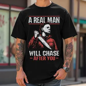 	Michael Myers A Real Man Will Chase You T-Shirt, Halloween Horror Movie Graphic Tee, Men's Funny Slasher Fan Shirt