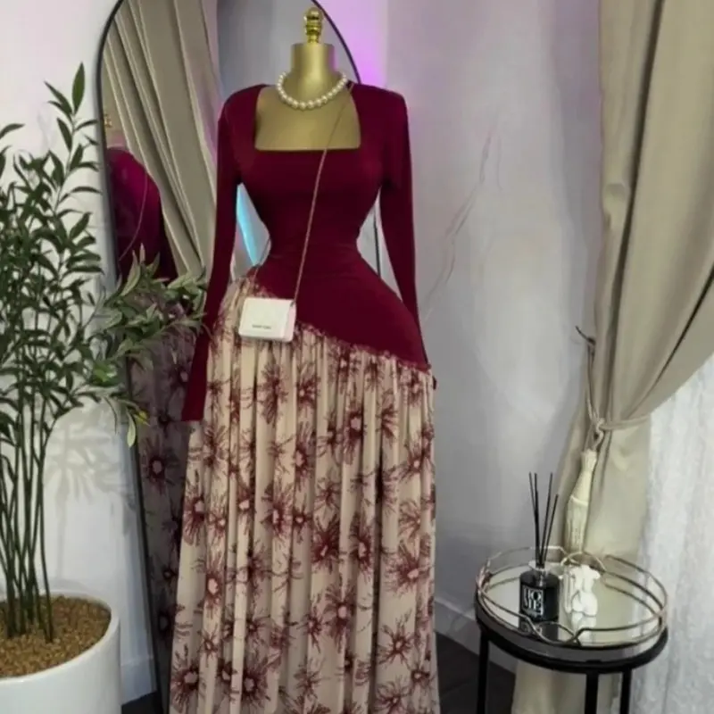 Women's PULKRITU Elegant Floral Printed Long Sleeve Dress, Elegant Fashion Chic Square Neck Dress, Sexy Evening Gown for Birthday, Holiday and Special Occasions, Evening Wear Gown